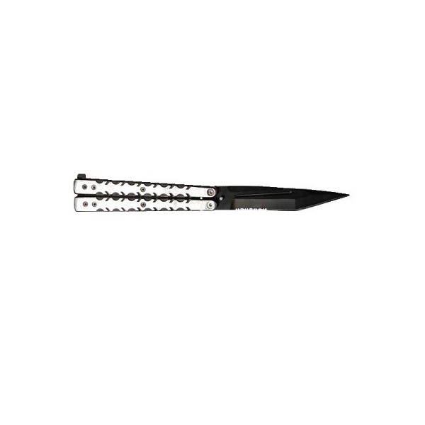 CUCHILLO NAVAJA MARIPOSA CROMADA MANGO ALUMINIO Y HOJA DE ACERO NEGRA DENTADA