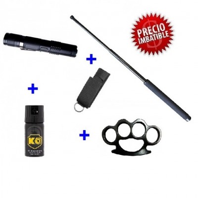 DEFENSA ELECTRICA  LINTERNA TASER M11 + DEFENSA EXTENSIBLE + FUNDA + PUÑO AMERICANO + SPRAY DEFENSA KO 40 ML