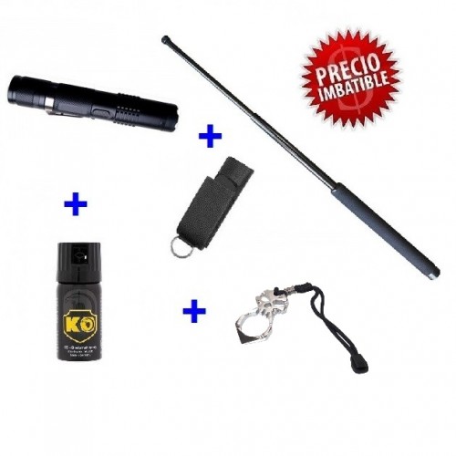 DEFENSA ELECTRICA  LINTERNA TASER M11 + DEFENSA EXTENSIBLE + FUNDA + PUÑO AMERICANO + SPRAY DEFENSA KO 40 ML