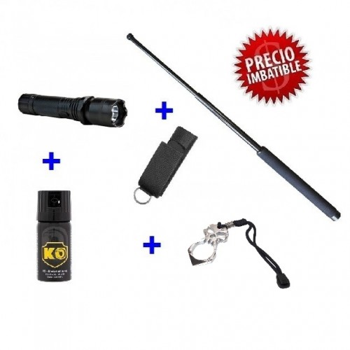 DEFENSA ELECTRICA LINTERNA + DEFENSA EXTENSIBLE CON FUNDA+PUÑO AMERICANO + SPRAY DEFENSA PERSONAL KO 40ML