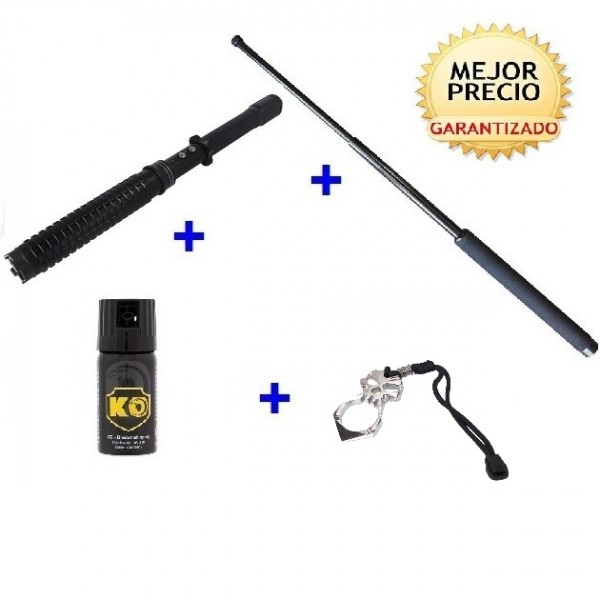 DEFENSA ELECTRICA BASTON EXTENSIBLE X10 CON 10 MILLONES, DEFENSA EXTENSIBLE DE 21"CON PUÑO AMERICANO Y SPRAY DEFENSA KO DE 40 ML