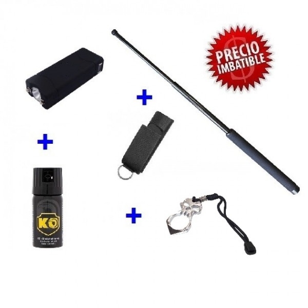 DEFENSA ELECTRICA PACK MODELO 801 + BASTON EXTENSIBLE 21" + PUÑO AMERICANO ACERO + SPRAY DEFENSA 40 ML