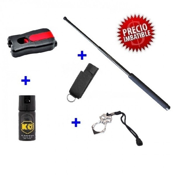 PACK DEFENSA ELECTRICA STUN-GUNS 802 CON 3800 KV + BASTON EXTENSIBLE 21" + PUÑO AMERICANO ACERO + SPRAY DEFENSA 40 ML