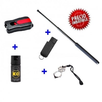 PACK DEFENSA ELECTRICA STUN-GUNS 802 CON 3800 KV + BASTON EXTENSIBLE 21" + PUÑO AMERICANO ACERO + SPRAY DEFENSA 40 ML