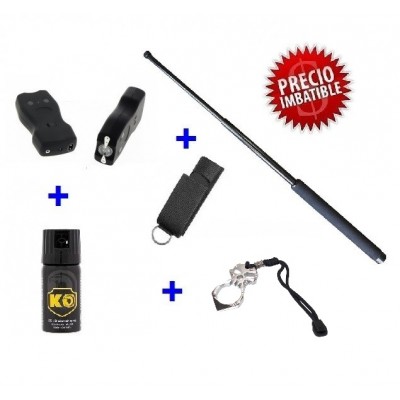 DEFENSA ELECTRICA PACK MOD.102B + BASTON EXTENSIBLE 21" + PUÑO AMERICANO ACERO + SPRAY DEFENSA 40 ML