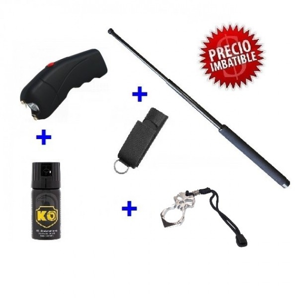 DEFENSA ELECTRICA 309 CON 4000 KV + BASTON EXTENSIBLE 21" + PUÑO AMERICANO ACERO + SPRAY DEFENSA 40 ML