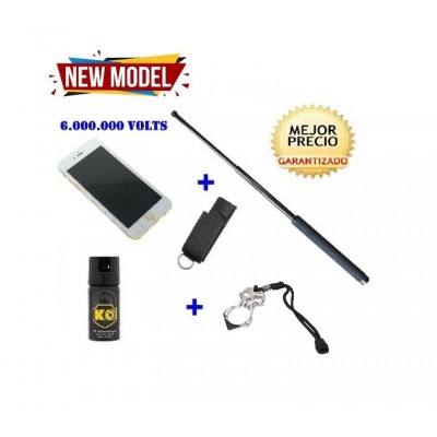 DEFENSA ELECTRICA SMARTPHONE 6 + DEFENSA EXTENSIBLE 21" + PUÑO AMERICANO ACERO + SPRAY DEFENSA 40 ML