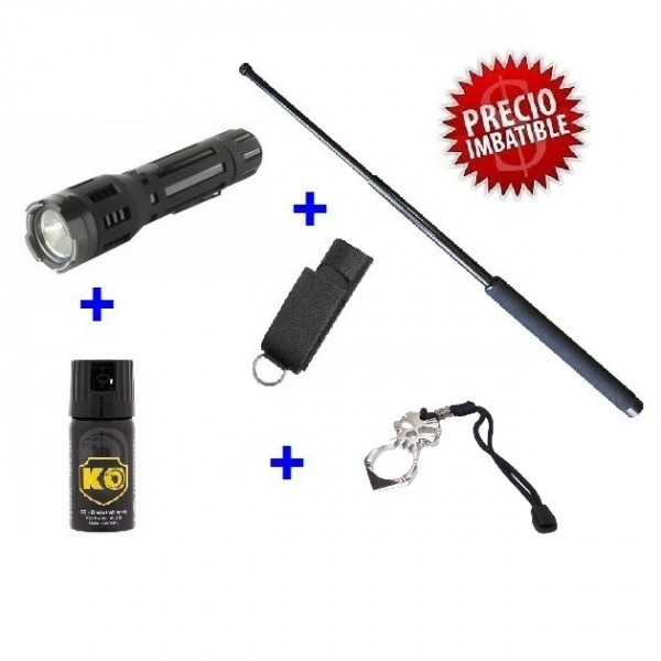 DEFENSA ELECTRICA LINTERNA TASER 2018 + DEFENSA EXTENSIBLE 21" + PUÑO AMERICANO ACERO + SPRAY DEFENSA 40 ML