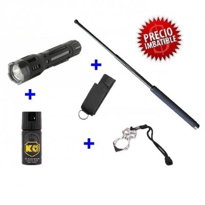 DEFENSA ELECTRICA LINTERNA TASER 2018 + DEFENSA EXTENSIBLE 21" + PUÑO AMERICANO ACERO + SPRAY DEFENSA 40 ML